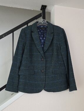 Talbots Dark Green Plaid Wool-Blend Blazer with Blue Windowpane Size 12